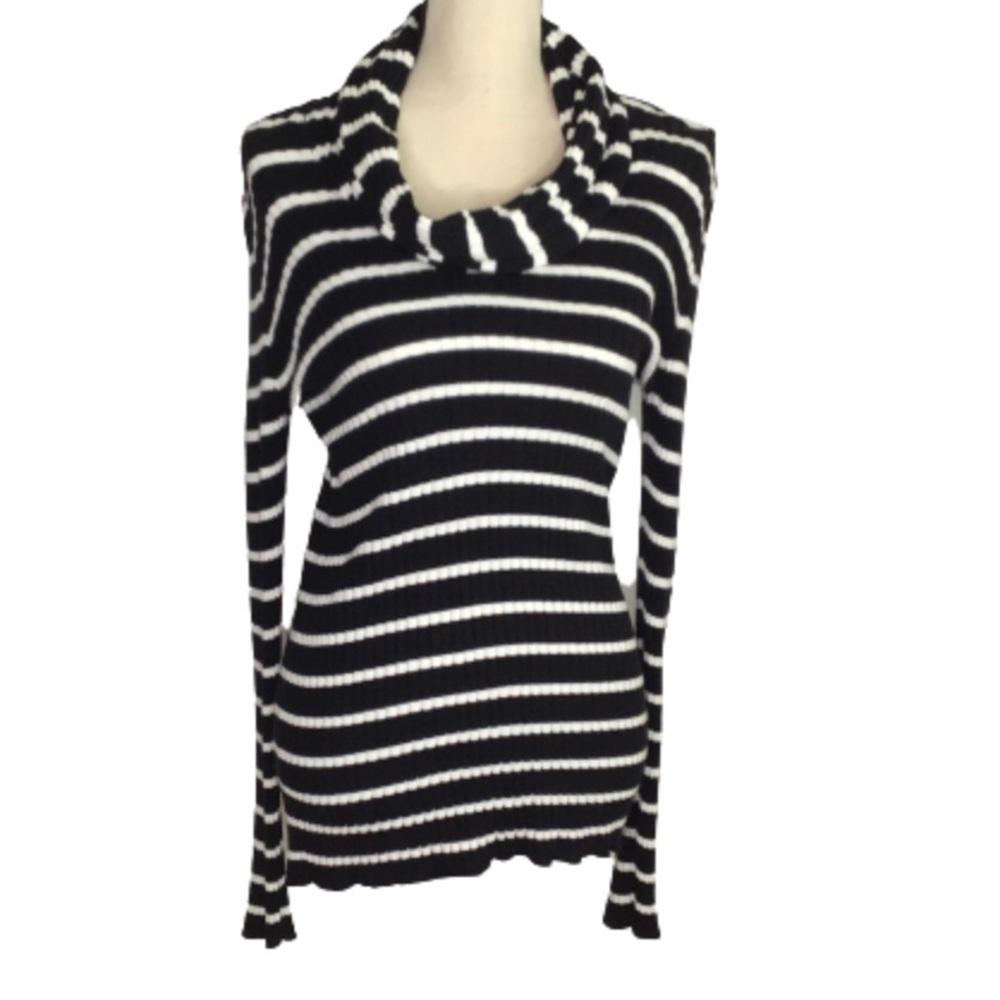 JNY Sport Black White Striped Cowl Neck Sweater Large